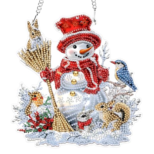 MXJSUA Weihnachts-Schneemann Mit Tieren Diamond Painting Anhänger mit Kette Erwachsene, Diamant Painting Fensterbilder Hängende Ornament Bastelset Set für Wand Und Eingang Decor 19.2x19.8CM von MXJSUA