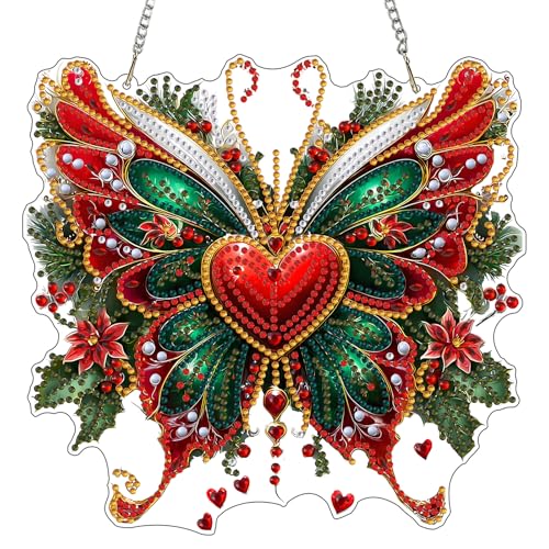 MXJSUA Weihnachtsfalter Diamond Painting Anhänger mit Kette Erwachsene, Diamant Painting Fensterbilder Hängende Ornament Bastelset Set für Wand Und Eingang Decor 20x20CM von MXJSUA