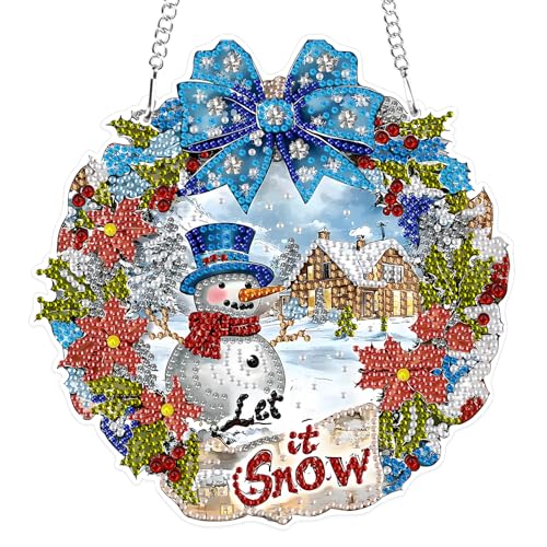 MXJSUA Weihnachtsmann Und Schneemann Diamond Painting Anhänger mit Kette Erwachsene, Diamant Painting Fensterbilder Hängende Ornament Bastelset Set für Wand Und Eingang Decor 19.4x19.8CM von MXJSUA