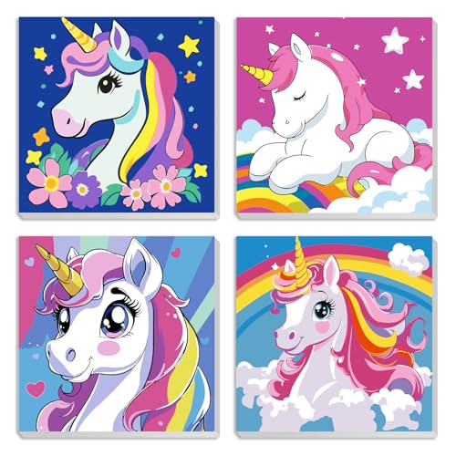 MXJSUA Zeichentrick-Einhorn 4er-Pack Malen-Nach-Zahlen-Set Für Kinder Mit Rahmen, Malen-Nach-Zahlen Für Alter 6-8-12, Zeichentrick-Einhorn Auf Leinwand, Acryl-Ölfarben Für Heimwanddekoration 20x20cm von MXJSUA