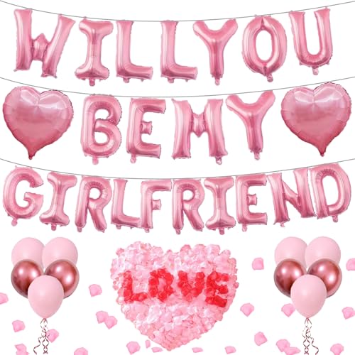 Luftballons mit Aufschrift "Will You Be My Girlfriend", 45,7 cm, Herz-Ballons, Alphabet-Folie, Mylar-Ballons mit 1200 künstlichen Rosenblättern, für Valentinstagsdekoration, Rosa, 40,6 cm Luftballons mit Aufschrift "Will You Be My Girlfriend", 45,7 cm, Herz-Ballons, Alphabet-Folie, Mylar-Ballons mit 1200 künstlichen Rosenblättern, für Valentinstagsdekoration, Rosa, 40,6 cm von MXQHXZSX