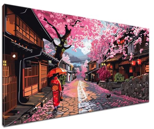 Malen Nach Zahlen Erwachsene Japanisch Malen Nach Zahlen Kirschblüten Kinder Anfänger mit Leinwand Pinseln Acrylpigment Paint by Numbers, Malen nach Zahlen für Geschenke, Home Haus Deko (40x50cm) M-5 von MXRUOO
