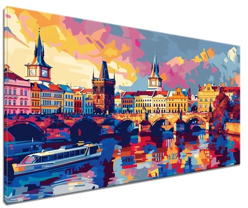 Malen Nach Zahlen Erwachsene Prag, DIY Handgemalt Ölgemälde Leinwand Kits, DIY Set Erwachsene Anfänger Paint by Numbers Malen Nach Zahlen Landschaft zur Wanddeko Wohnzimmer, Kein Rahmen (50x70cm) Z-1 von MXRUOO