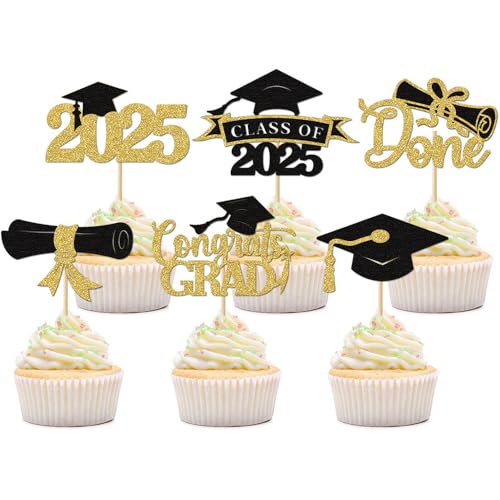 24 Stück Graduation Deko,Bachelor Deko Glitzer Bachelor Geschenk Cupcake Toppers, Abschlussfeier Cupcake Toppers Mit Goldenen Bachelor Hut Deko, Perfekt für Jede Graduation Party von MXYZQDE