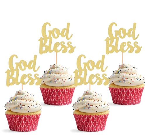 Cupcake-Topper mit Aufschrift "God Bless", glitzernd, goldfarben, Taufe, Party, Babyparty, christliche Erstkommunion, Cupcake-Dekoration (Gold) von MYAMPED