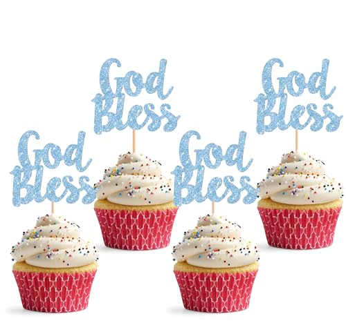 Cupcake-Topper mit Aufschrift "God Bless", glitzernd, himmelblau, Taufe, Party, Cupcake-Picks, Babyparty, christliche Erstkommunion, Cupcake-Dekoration (Himmelblau), 24 Stück von MYAMPED