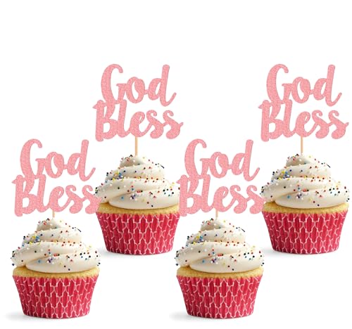 Cupcake-Topper mit Aufschrift "God Bless", glitzernd, rosa, Taufe, Party, Cupcake-Picks, Babyparty, christliche Erstkommunion, Cupcake-Dekoration (Rosa), 24 Stück von MYAMPED