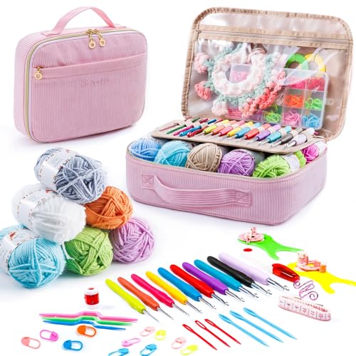 MYBAGZING Häkelset für Anfänger mit Garnaufbewahrungstasche, 10 Stück Häkelnadeln 2,0–6,0 mm, 10 Knäuel Garn zum Häkeln, Strickzubehör, 58-teiliges Häkel-Starter-Set für Erwachsene von MYBAGZING