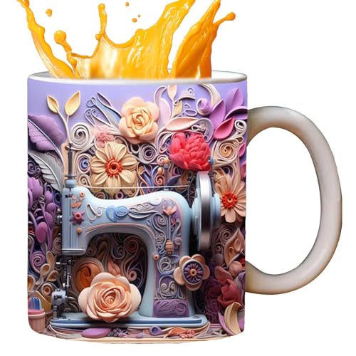 3D-Nähbecher – 1/3 Stück Keramik-Nähmaschinenkaffeetasse, 325 ml, lustige Kaffeetasse, Keramik-Nähbecher mit flachem Blumen-Schnittmuster, Steinzeug-Keramikbecher, Geschenke für Quilt-Enthusiasten von MYJIO