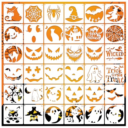 Hallooween Kürbis-Schablonen zum Bemalen von Kürbissen, wiederverwendbare Geister-Gesichtsbemalungsvorlagen auf Holz, Glas, Basteln, Kekse, Backen, Türaufhänger, Schilder, Dekoration (face36) von MYJMN