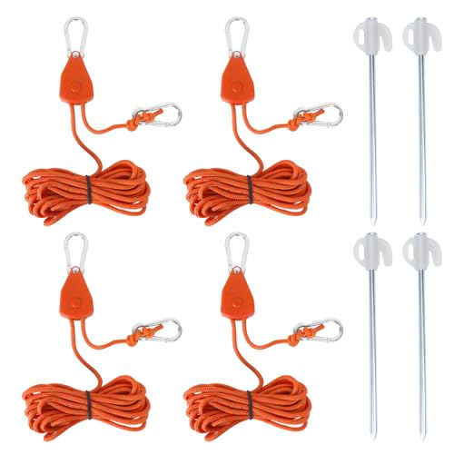 MYLERCT 4 Stück Abspannseile mit Seilspanner, Verstellbar 4 m Seilratsche Sonnensegel, Durchmesser 4 mm Zeltschnur mit Spanner, mit Zelt-Heringen, für Aufbau von Zelten, Wäscheaufhängen von MYLERCT
