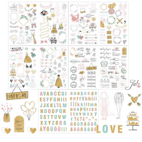 Hochzeit Gästebuch (321 Motive)-Hochzeit Aufkleber für Gästebuch & Fotoalbum,Sticker Liebe,Hochzeitssticker Herzen Party 5 Seiten -Wedding Set Sticker mit Glitzer (Gold) von MYLONGINGCHARM