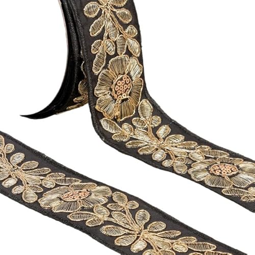 MYMERCERIE Borte, bestickte Blumen, 45 mm, Schwarz/Gold, Meterware MYMERCERIE Borte, bestickte Blumen, 45 mm, Schwarz/Gold, Meterware von MYMERCERIE