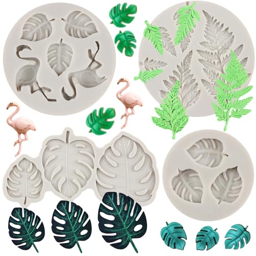 MYPRACS 4 Stück Flamingo Tropisches Blatt Silikonform Farn Monstera Blätter Fondant Formen für Cupcake Topper Kuchen Dekorieren Schokolade Harz Polymer Ton von MYPRACS