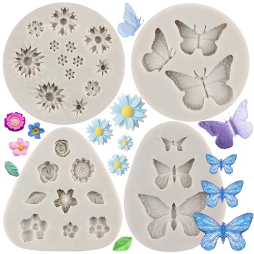 MYPRACS Blume Silikonform Schmetterling Fondant Formen Gänseblümchen Blume Form Kleine Blume Blätter Formen Für Kuchen Dekorieren Cupcake Topper Süßigkeit Schokolade Gummi Paste Set von 4 von MYPRACS