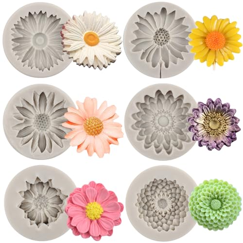MYPRACS Chrysantheme, Gänseblümchen & Sonnenblume Blume Silikonform 6er Set für Kuchendekoration, Fondant, Schokolade, Süßigkeiten, Gummipaste, Polymer Clay von MYPRACS