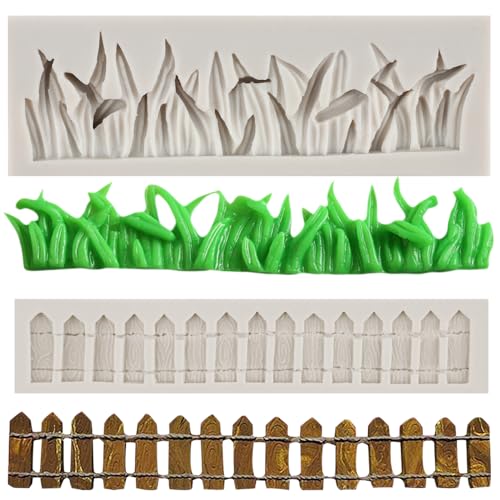 MYPRACS Grünes Gras und Garten Lattenzaun Silikon Fondant Form für Zucker Handwerk Kuchen dekorieren Cupcake Topper Polymer Ton Süßigkeiten Schokolade Gummipaste Set von 2 von MYPRACS