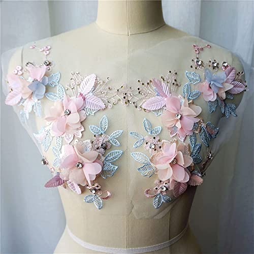 MYXJX applizieren, 3D-Blumen-Spitzenstoff, Perlen, Strass, bestickte Kleid-Applikationen, Aufnäher for Hochzeitsdekoration, Kleid, DIY(Blue Pink) von MYXJX