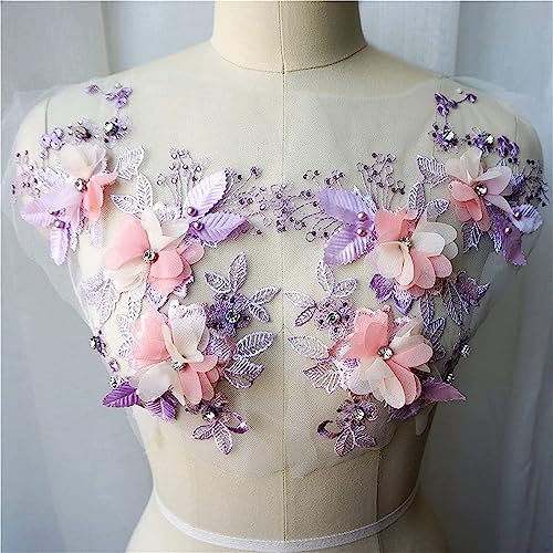 MYXJX applizieren, 3D-Blumen-Spitzenstoff, Perlen, Strass, bestickte Kleid-Applikationen, Aufnäher for Hochzeitsdekoration, Kleid, DIY(Pink Purple) von MYXJX