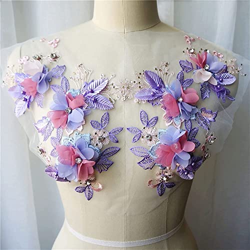 MYXJX applizieren, 3D-Blumen-Spitzenstoff, Perlen, Strass, bestickte Kleid-Applikationen, Aufnäher for Hochzeitsdekoration, Kleid, DIY(Purple) von MYXJX