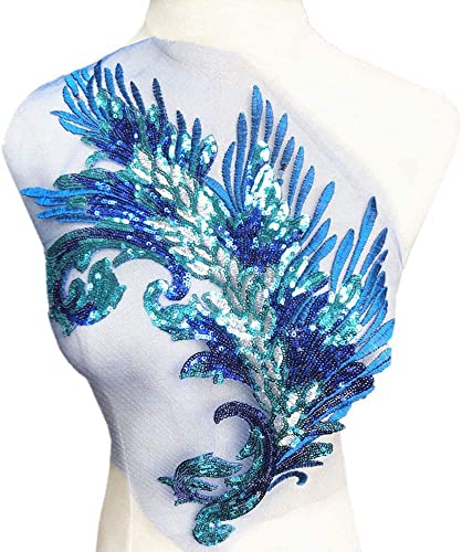 MYXJX applizieren, Pailletten Feder Stickerei Blume Stoff Spitze Applikation Netzbesatz Nähmotiv Hochzeitskleid Braut DIY Handwerk(Blu) von MYXJX
