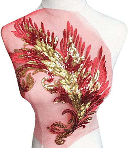 MYXJX applizieren, Pailletten Feder Stickerei Blume Stoff Spitze Applikation Netzbesatz Nähmotiv Hochzeitskleid Braut DIY Handwerk(Red) von MYXJX