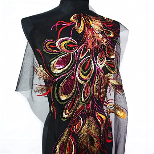 MYXJX applizieren, Paillettenbestickte Phoenix-Pfauenfeder, schwarzes Netz, Hochzeitskleid-Applikation, Spitzenbesatz, Nähen, Aufnäher, Kleid DIY(Red) von MYXJX