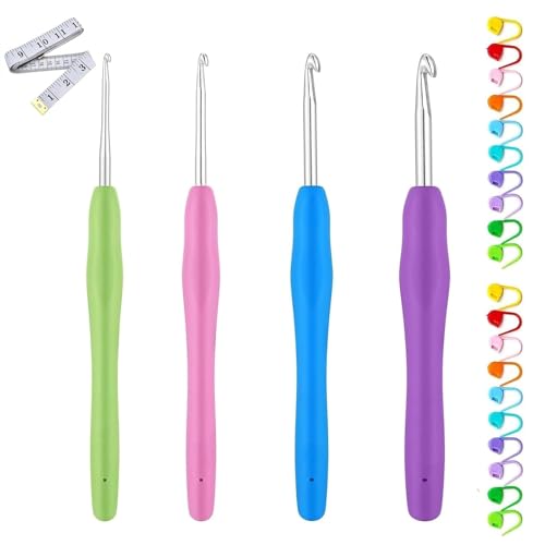 4 Stück Häkelnadel Set, 4 Größen Ergonomische Häkelnadel Metall, mit Bunte Silikongriff und 10 Maschenmarker,1 Maßband, für Anfänger und Häkelliebhaber (2/3/4/5 mm) von MZOYOURO
