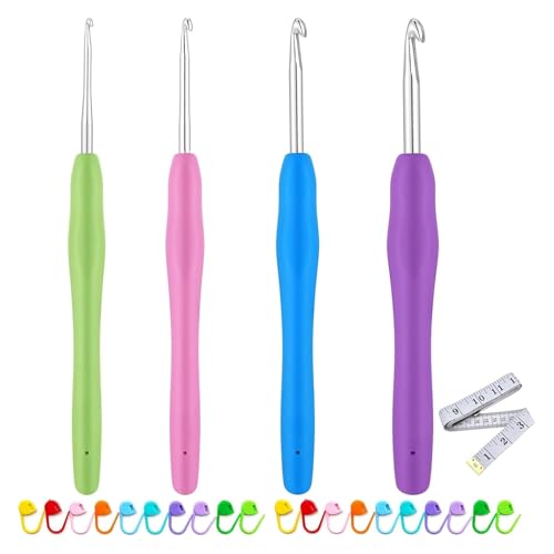 4 Stück Häkelnadel Set, 4 Größen Ergonomische Häkelnadel Metall Häkelnadel, mit Bunte Silikongriff und 10 Maschenmarker,1 Maßband, für Anfänger und Häkelliebhaber (2/3/4/5 mm) von MZOYOURO