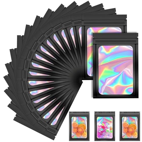 MZOYOURO 50 Stück Mylar-Beutel, Schwarz, Wiederverschließbar, Zip-Beutel mit Frontfenster, 7 x 10 cm, Polyester, Reißverschluss, Rechteckig, für Süßigkeiten, Kekse, Schmuck von MZOYOURO
