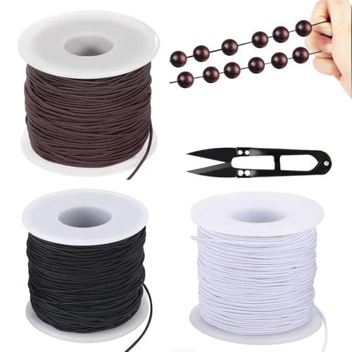 Gummiband für Armbänder, 3 Rollen Gummikordel für die Herstellung von Armbändern, Halsketten, Perlen und Bastelarbeiten, mit Schere,1mm x 50 m(Schwarz, Weiß, Braun) von MZOYOURO
