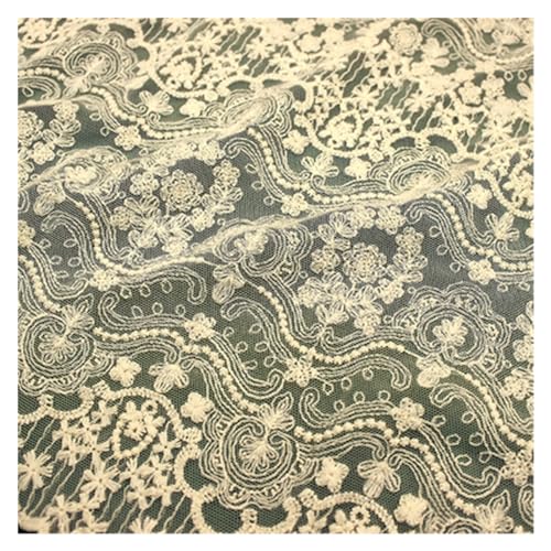 Bestickter Stoff Netzstoff, 1 Yard, 135 cm, 53 Zoll breit, beige, schwarz, elfenbeinfarben, Gaze, Tüll, vollständig aus Baumwolle, bestickte Spitze, Stoff, Kleid, Hemd, Nähmaterial Bestickter Baumwoll von MZPOZB