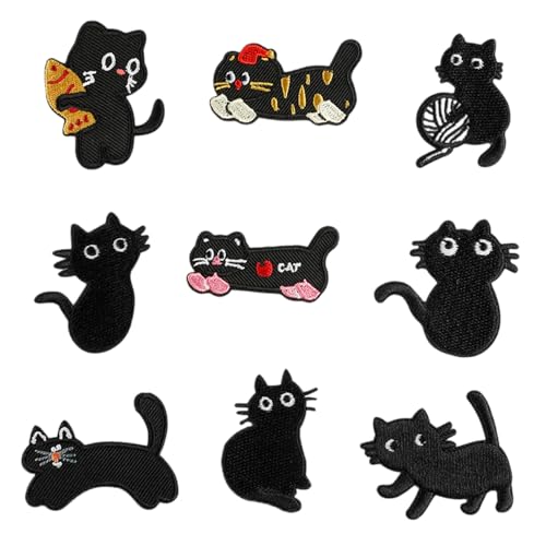 9 Stück bestickte Aufnäher mit Kätzchen-Motiv, Cartoon-Katzen, zum Aufbügeln oder Aufnähen für Kleidung von MZRAN