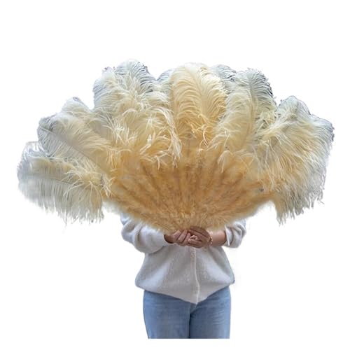 MZSKLW 13Bones WEISSer Federfächer for Bühnen, Aufführungen, Karneval, Shows, Zubehör, aufklappbar, 100/130 cm lang, 60/75 cm breit, großer Federfächer(Beige Yellow 48,130CM 2PCS) von MZSKLW