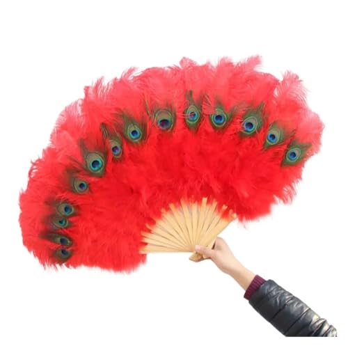 MZSKLW 15 Knochen/1 Stück Pfauenfeder-Fan, Basteln, Feier, Party, Hochzeit, Tanz, Performance, Requisiten, Federn, Fächer(Red) von MZSKLW