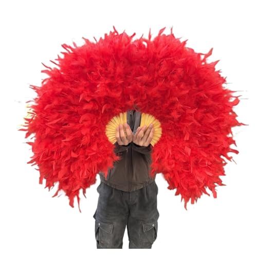MZSKLW Federfächer mit 13 Knochen, Flauschiger roter Gefiederfächer for Bauchtanz, Halloween, Hochzeit, Party, Faltfächer(Color-03,Left Hand) von MZSKLW