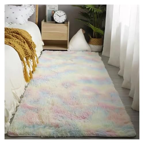 MZSKLW Weicher Teppich für Schlafzimmer, flauschig, rutschfest, batikfarben, flauschig, zottelig, Bettvorleger, Batik-Teppich, Wohnzimmer-Teppich (Regenbogenfarben, 50 x 80 cm I 48,3 x 78,7 cm) von MZSKLW