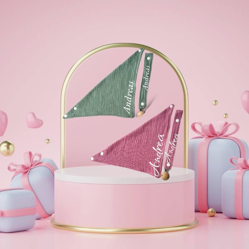 Musselin Schullerkette Mit Halstuch Namen 3D Bestickt, Personalisiertes-Baby Geschenk, Geburt, Handarbeit-Ökonickitücher-Lätzchen, Schnulerband von MZYShopDesign