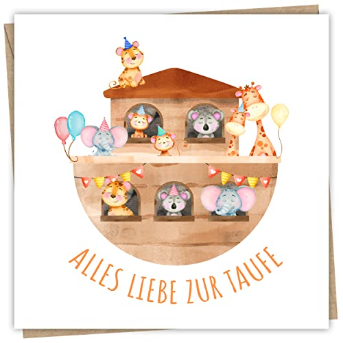 Hochwertig Karte zur Taufe mit Umschlag aus Kraftpapier - Taufkarte für Mädchen und Jungen 15x15 cm - Ideale Glückwunschkarte zur Taufe für das Patenkind als Klappkarte mit Arche Motiv von MaFab Products