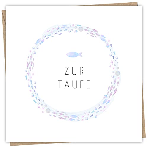 Hochwertig Karte zur Taufe mit Umschlag aus Kraftpapier - Taufkarte für Mädchen und Jungen 15x15 cm - Ideale Glückwunschkarte zur Taufe für das Patenkind als Klappkarte mit Fisch Motiv von MaFab Products