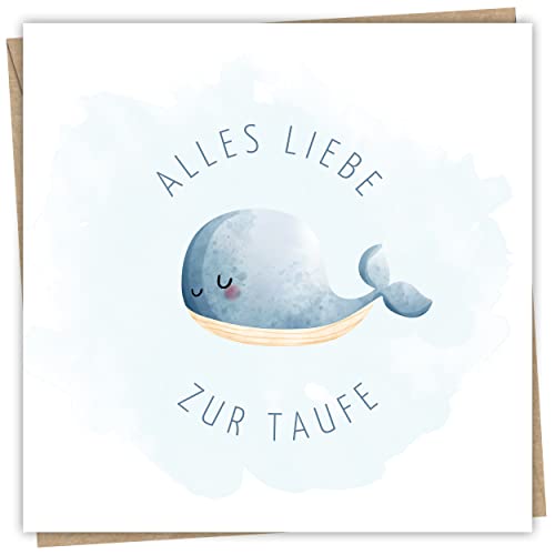 Hochwertig Karte zur Taufe mit Umschlag aus Kraftpapier - Taufkarte für Mädchen und Jungen 15x15 cm - Ideale Glückwunschkarte zur Taufe für das Patenkind als Klappkarte mit Wal Motiv von MaFab Products