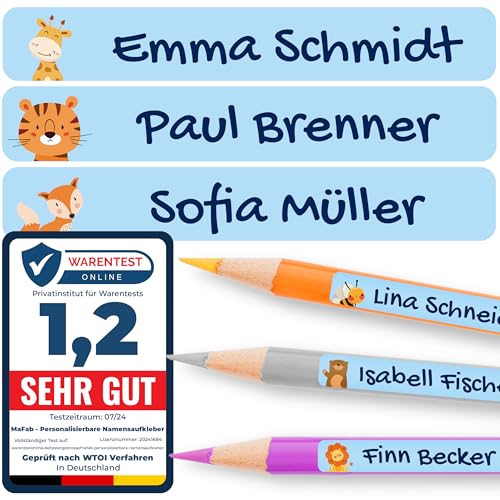 Personalisierbare Namensaufkleber für Kinder (120 Stk. 47x7 mm) - Wasserfeste Namensschilder für Gegenstände, Stifte & Textilien - Optimal für Kita, Kindergarten und Schule - Schöne Motive von MaFab Products