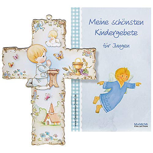 TAUFKREUZ FÜR JUNGEN – Kinderkreuz aus Holz mit BETENDEM BUB & SCHUTZENGEL – ca. 15 x 10,5 cm – Wandkreuz fürs Kinderzimmer – Holzkreuz Inkl. Gebetsbüchlein – GESCHENK ZUR TAUFE – MaMeMi von MaMeMi