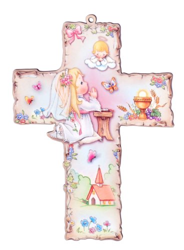 TAUFKREUZ FÜR MÄDCHEN – Kinder-Wandkreuz aus Holz mit BETENDEM MÄDEL & SCHUTZENGEL – ca. 15 x 10,5 cm – Mit Gebetsbüchlein – CHRISTLICHES GESCHENK ZUR TAUFE – MaMeMi Italien von MaMeMi
