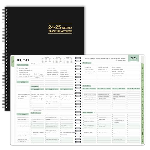 Planer 2024–2025 – Wochen- und Monatsplaner-Notizblock, 29 x 22 cm, Juli 2024 – Juni 2025, Terminbuch, 60-Minuten-Intervall, Monatliche Register, stabiler Einband, Spiralbindung, Gesäßtaschen, Schwarz von MaaIbok