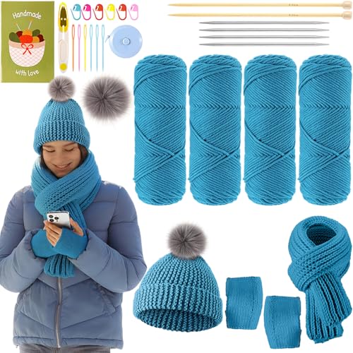 Maasechs Strickset für Anfänger und Erwachsene, Strickmütze, Schal, Handschuh, komplettes Strick-Starter-Set mit Garn, Nadeln, Kunstbommel und Schritt-für-Schritt-Anleitung für Damen und Herren von Maasechs