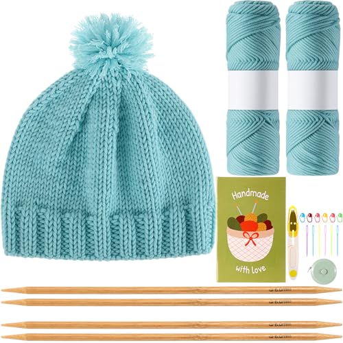 Maasechs Stricksets für Anfänger und Erwachsene, komplettes Mützen-Strickset mit Garn, Bambusnadeln, Starter-Häkelset mit vollständigem Stricken, Häkelzubehör für Damen und Herren, Blau von Maasechs
