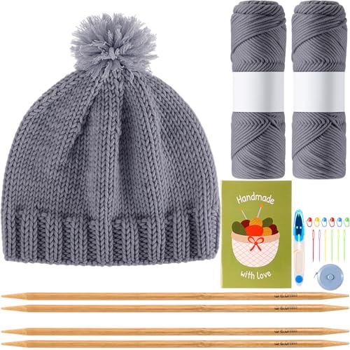 Maasechs Stricksets für Anfänger und Erwachsene, komplettes Mützen-Strickset mit Garn, Bambusnadeln, Starter-Häkelset mit vollständigem Stricken, Häkelzubehör für Damen und Herren, Grau von Maasechs
