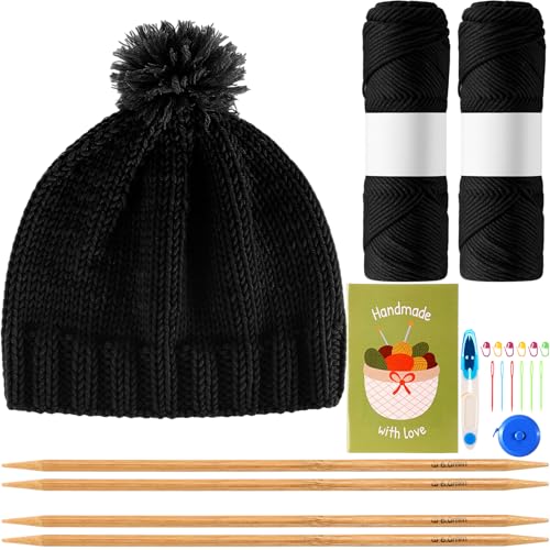 Maasechs Stricksets für Anfänger und Erwachsene, komplettes Mützen-Strickset mit Garn, Bambusnadeln, Starter-Häkelset mit vollständigem Stricken, Häkelzubehör für Damen und Herren, Schwarz von Maasechs