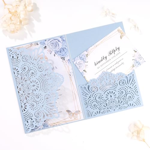 Mabbcoo Dreifach gefaltete Hochzeitseinladungen mit Umschlägen und Antwortkarten, Haze Blue, hohl, lasergeschnitten, Einladungs-Kits, blanko, Innenblätter, personalisierbar, 50 Stück Mabbcoo Dreifach gefaltete Hochzeitseinladungen mit Umschlägen und Antwortkarten, Haze Blue, hohl, lasergeschnitten, Einladungs-Kits, blanko, Innenblätter, personalisierbar, 50 Stück von Mabbcoo